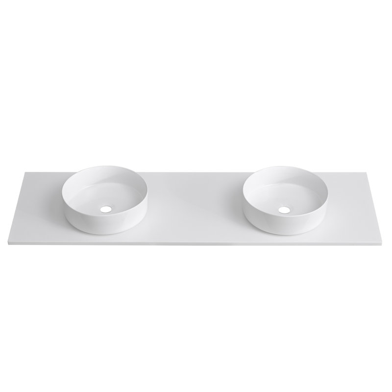 Dessus de meuble-lavabo blanc en pierre de quartz 60 po avec double vasque ronde en céramique