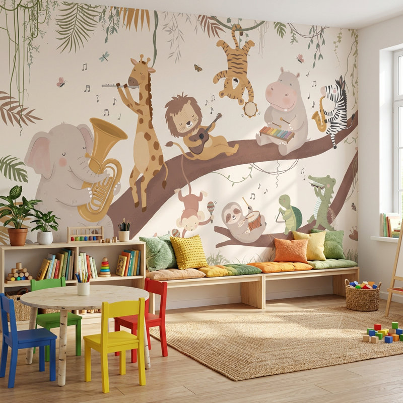 Papier peint animaux, musique, arbre, 140"x108", Peler et coller