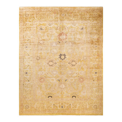 Tapis unique ivoire / beige / lime noué à la main Tyrina Eclectic 9 pi 1 po x 12 pi 2 po