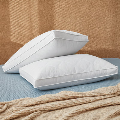 Quilted Gusseted Goose Feather & Down Pillows Medium to Firm Set of 2 Bed Pillow 100% Cotton Cover, Standard/Queen Size