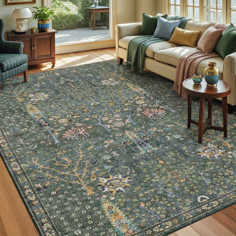 Vintage Tree of Life Area Rug - Oriental Distressed Floral Print Washable Rug for Living Room, Bedroom, Dining Room