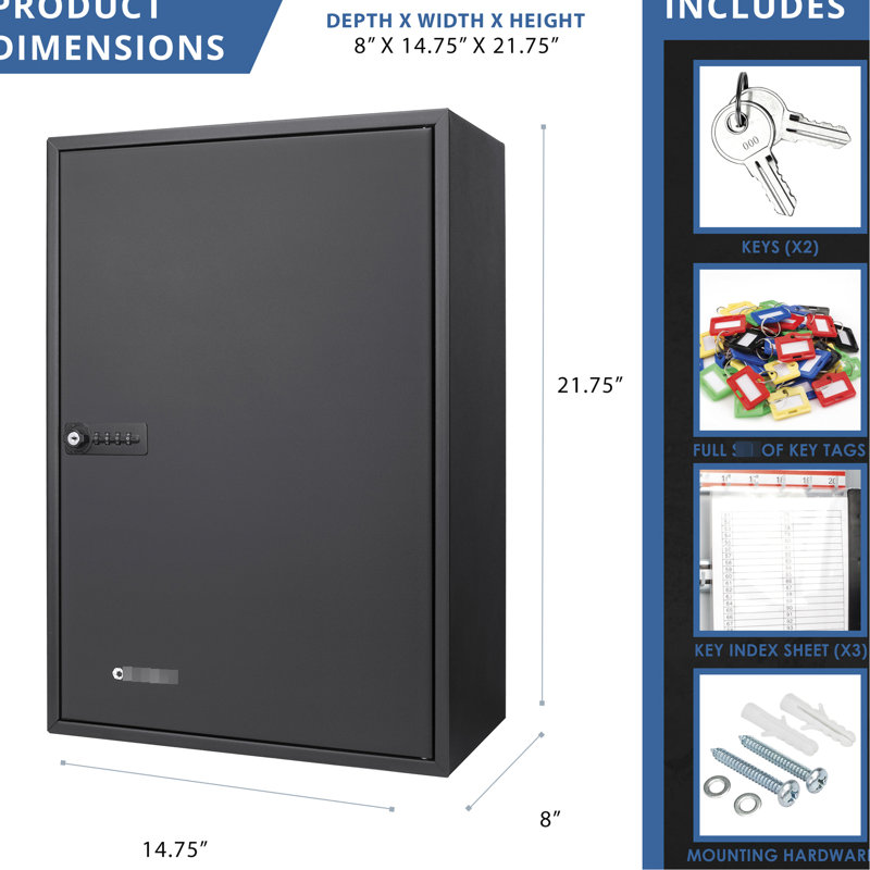 300 Key Adjustable Cabinet In Black Steel - Combination Lock, Wall Mount For Secure Storage With Keys And Efficient Management Steel, Adjustable, Lock