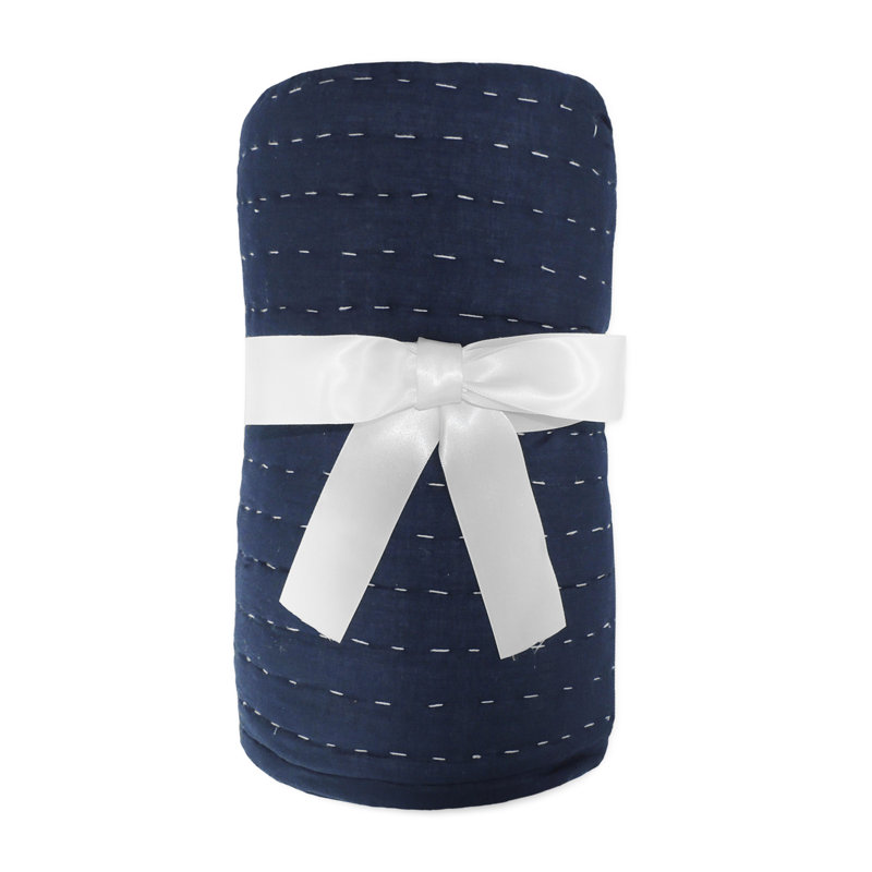 Navy and Off-White Organic Cotton Reversible Throw Blanket