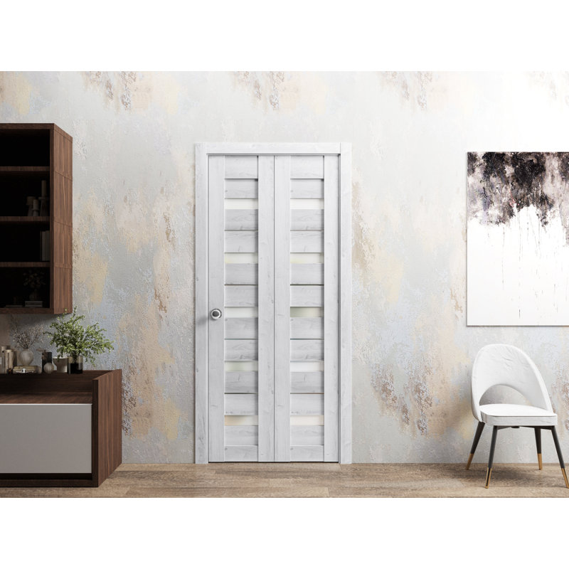 Portes d'armoire coulissantes pliantes 30 x 84 Quadro 4445 Blanc nordique avec verre dépoli, rails robustes, moulures, garnitures, quincaillerie, bois massif, portes de placard de chambre