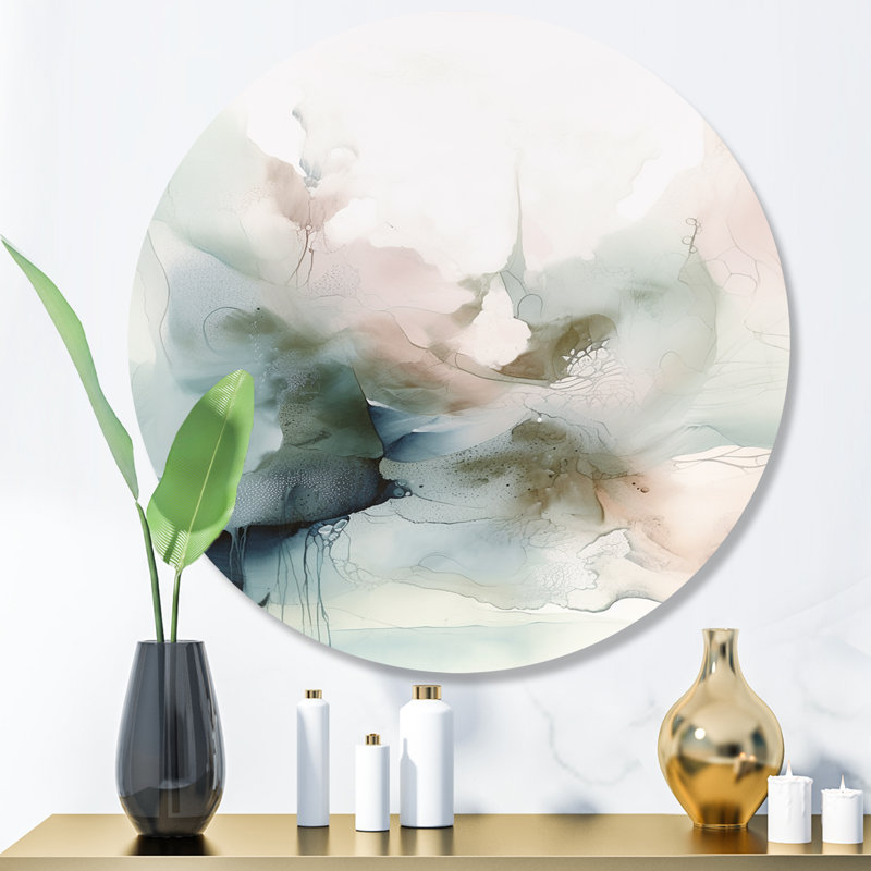 «Green and Cream Essence Of Modernity II», art mural rond en marbre abstrait, H 16 po x l 16 po x P 1 po