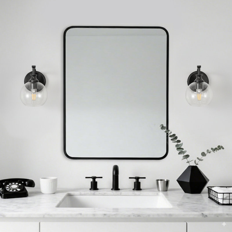 Miroir de salle de bain moderne et arrondi rectangulaire | Structure en U en acier inoxydable, Noir mat, 36 po x 30 po