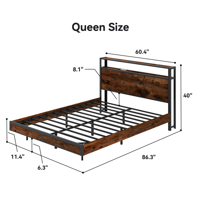 Bed Frame With Led Lights, Industrial Platform Bed With Charging Station, Queen
