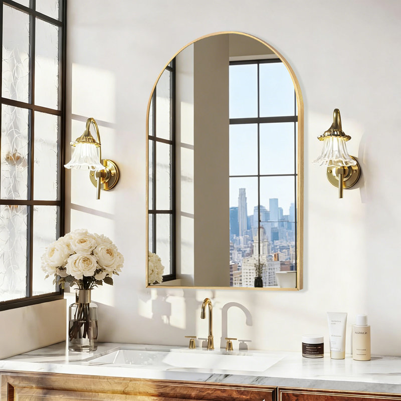 Juny Arched Bathroom Aluminium Arch Wall Mirror, Brushed Gold, 2