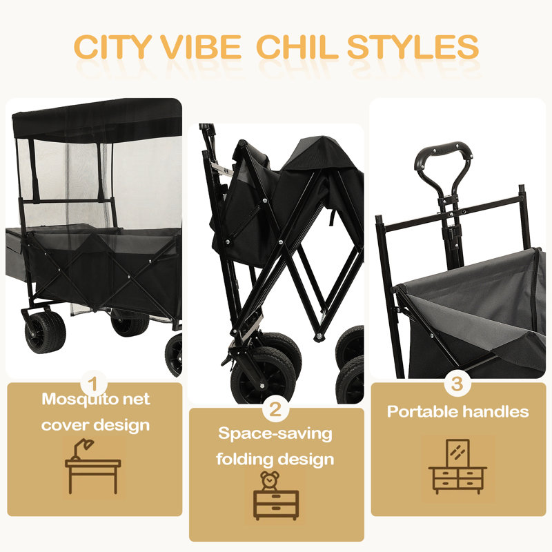 Chariot pliable de 480 lb avec auvent, poussette de chariot avec roues tout-terrain de 7 po, chariot pliable léger, grande capacité de camping
