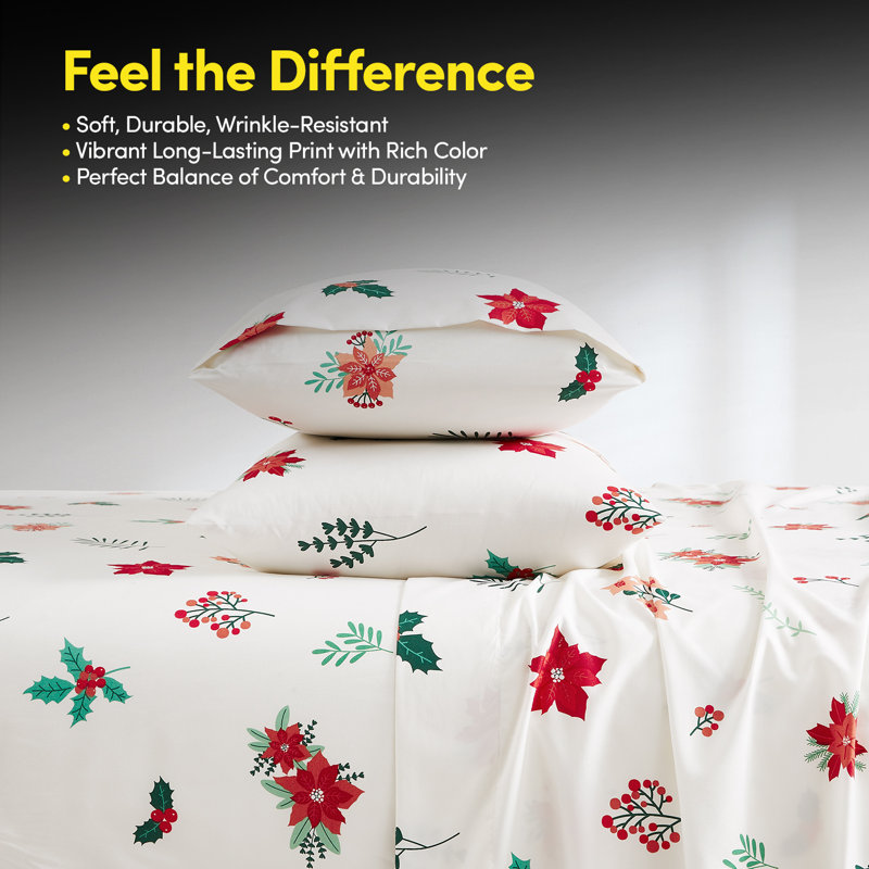 Printed Holiday 4Pc Sheet Sets, Easy Care, Soft & Wrinkle-Resistant Holiday Bedding - Poinsettia, Queen