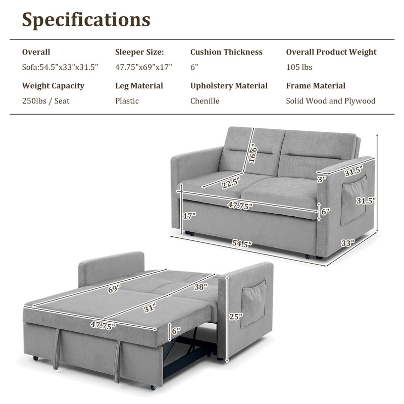 Velvet Sleeper Sofa, Gray Chenille