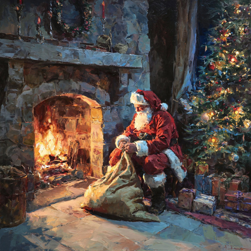 «Santa by the Fireplace Christmas Eve», art mural sur toile