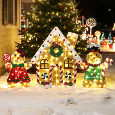 Ensemble de 3 décorations de Noël extérieures pré-illuminées : maison en pain d'épice et couple
