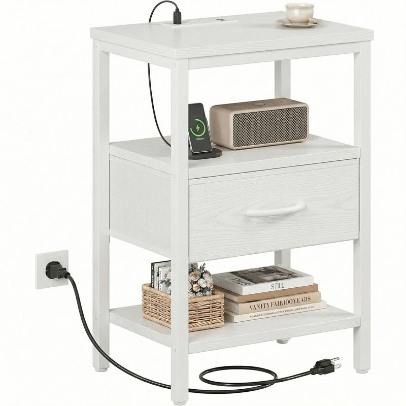 Alvantar Bedside Table Charging Station Nightstand with USB/C Ports, Adjustable Drawers, 3-Tier Storage Shelf, White/1P