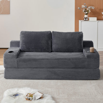 70.8" Corduroy 2-in-1 Futon Sofa Bed Boneless Cloud Convertible Oversized Loveseat with Cup Holders & Side Storage