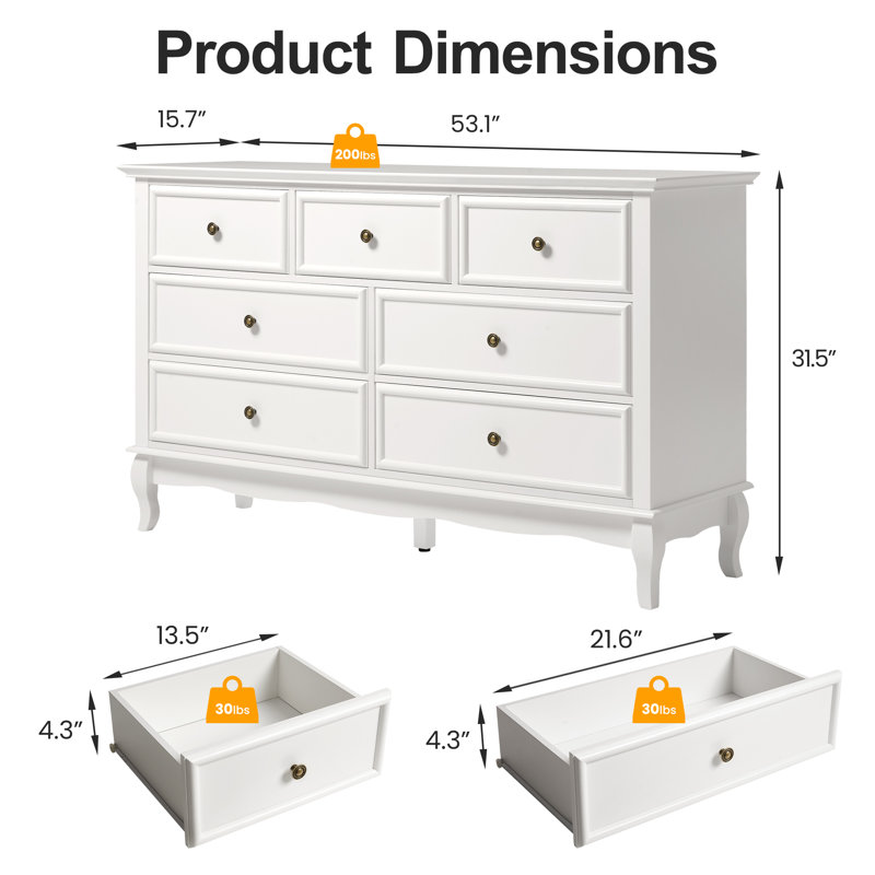 Commode 7 tiroirs avec pieds en bois massif, Blanc