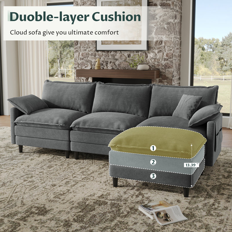 108'' Comfy  L Shaped Sectional Modular Cloud Sofa with Ottoman, Tool-free Easy Assembly Corduroy Couch, Gray