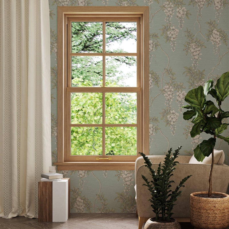 Zen Floral Metallic Wallpaper Double Roll, Duck Egg