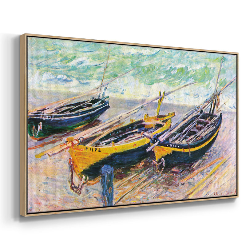 Trois bateaux de pêche à Eretrat, H 25 po x l 37 po x P 2 po, Bois naturel