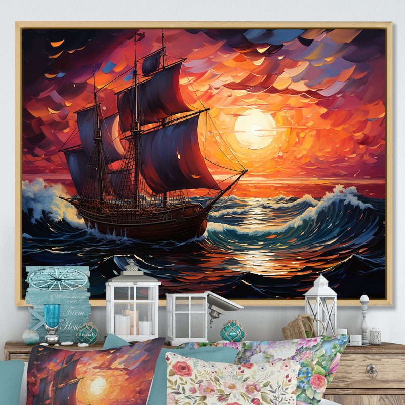 Bateau pirate au milieu de Legacy I - Bateau, art mural, Cadre flottant brun, H 12 po x l 20 po x P 1 po