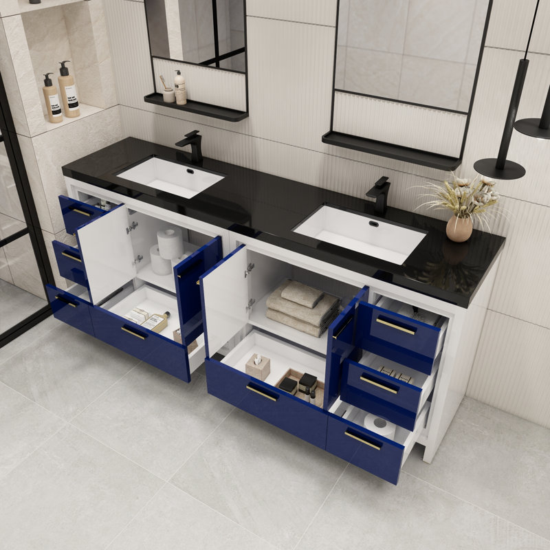 Brayla 84" Double Bathroom Vanity Set, High Gloss Night Blue
