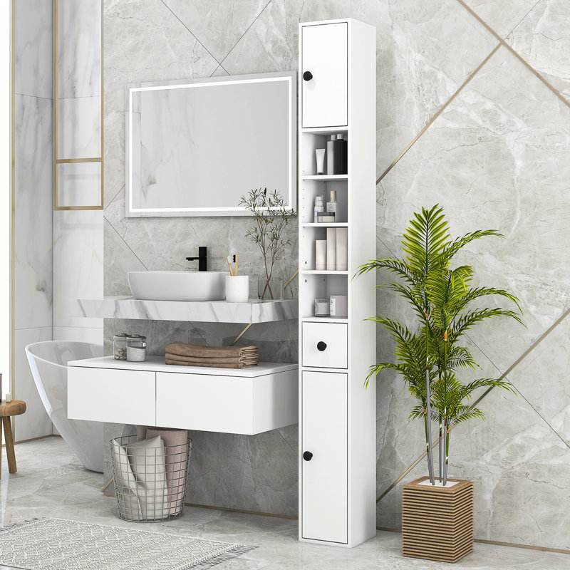 Armoire de salle de bain 7,7 "x H 72,37" blanche avec tablettes ouvertes et 2 portes de rangement pour la salle de bain, la cuisine, le couloir et le salon