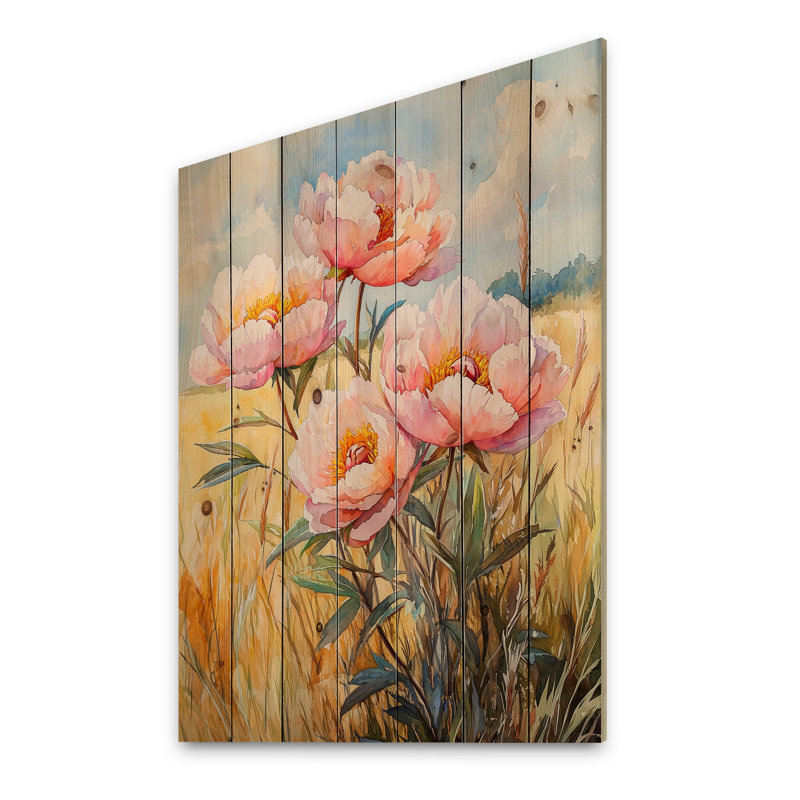 Pivoines dans le champ d'été I - Décoration murale en bois de pivoines - sur bois de pin naturel