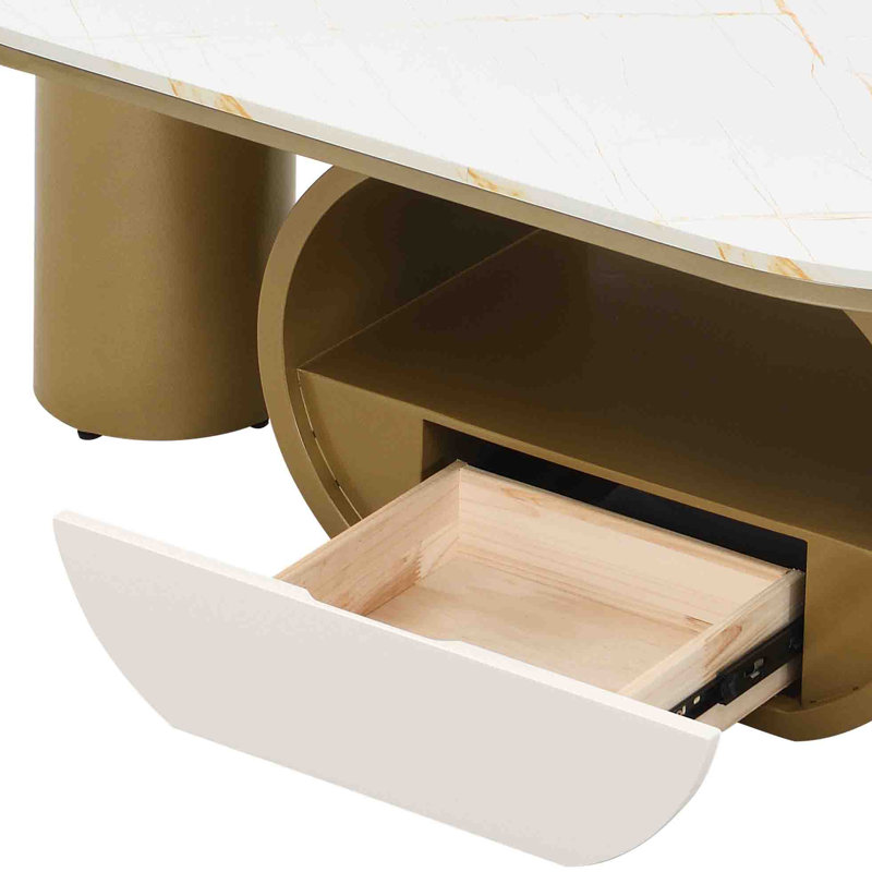 Table basse de luxe avec tiroir et base en métal pour le salon, Plateau blanc / base dorée