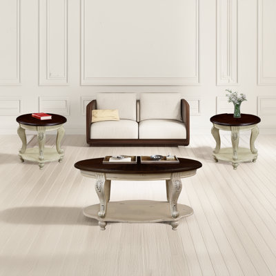  Top (Chipped Look Design)   Downloads: 220  Living Room Coffee Table Set, Coffee Table & Two End Side Table 3-Piece Set for Office, Living Room, Apartment, Beige and Espresso Top (Chipped Look Design) 