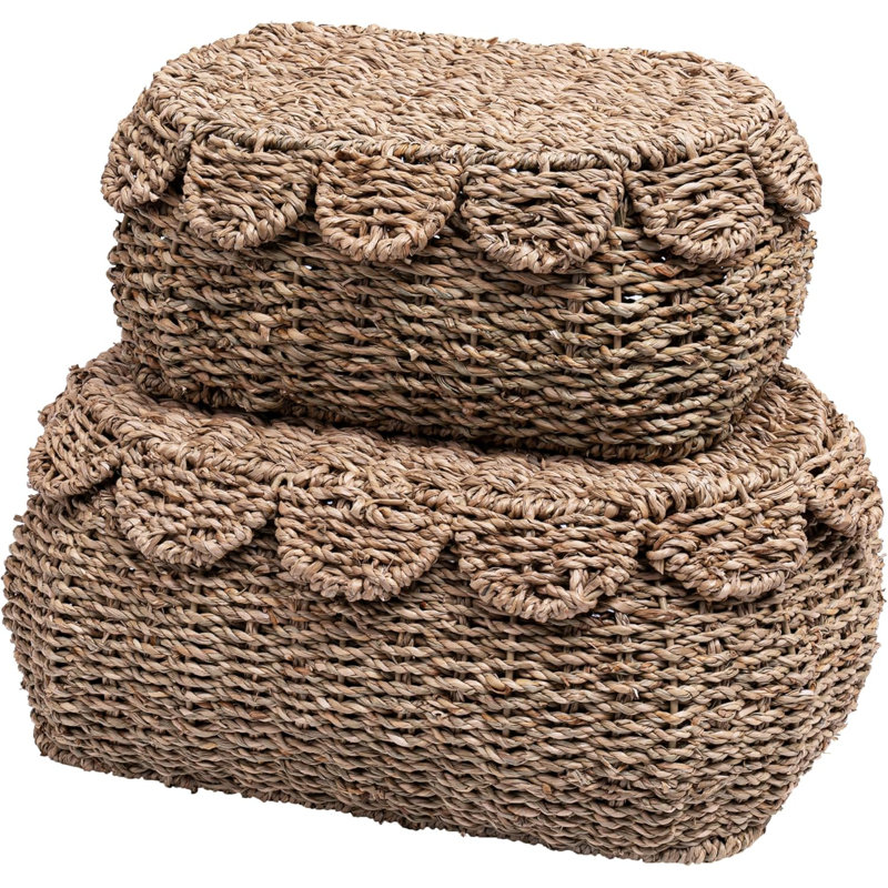 Set Of 2 Hand Round Wicker Storage Baskets, Rattan Basket Decorative Boxes, Woven Storage Box Seagrass Baskets With Lids, Scalloped Edge Wicker Basket With Lid