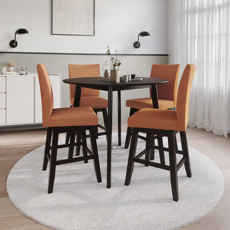 Ensemble de salle à manger 5 pièces à hauteur de comptoir rond avec chaises coussinées en lin, orange, Orange
