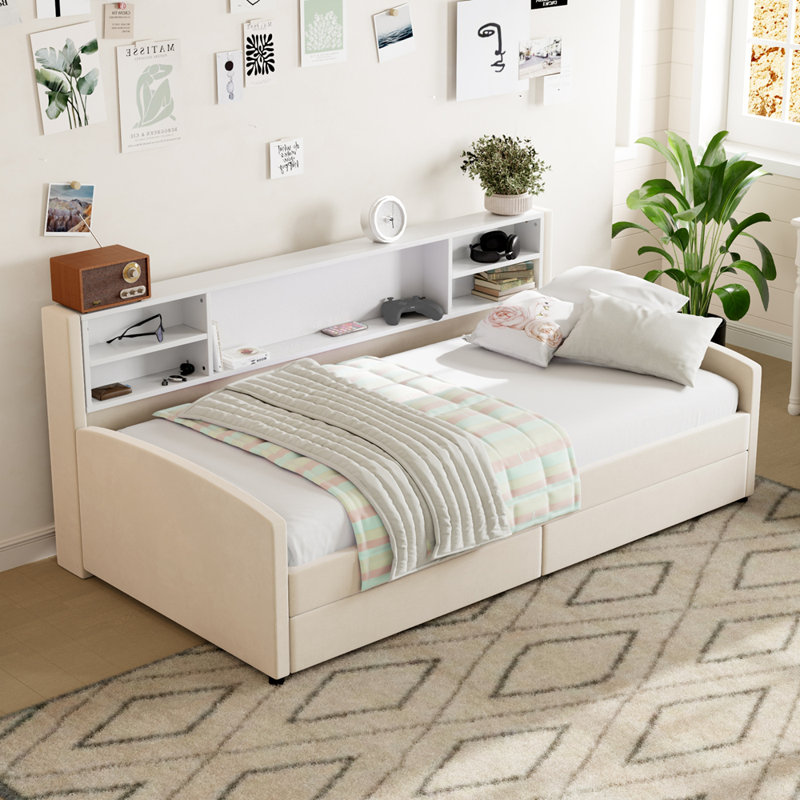 Lit plateforme tapissier simple en velours avec tiroirs, Beige