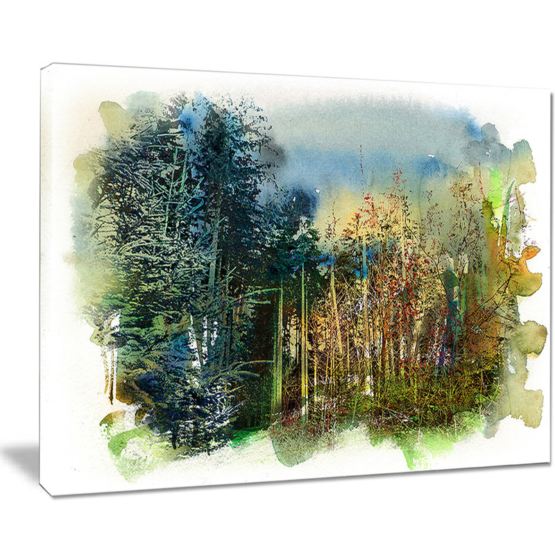 « forest motif », reproduction de peinture à l’aquarelle sur toile tendue encadrée, H 30 po x l 40 po x P 1 po, Toile tendue