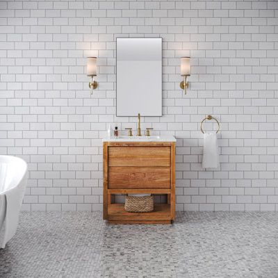 Oakman 30 In. Mango Wood Single Sink Carrara White Marble Countertop Bath Vanity With Satin Gold Faucet