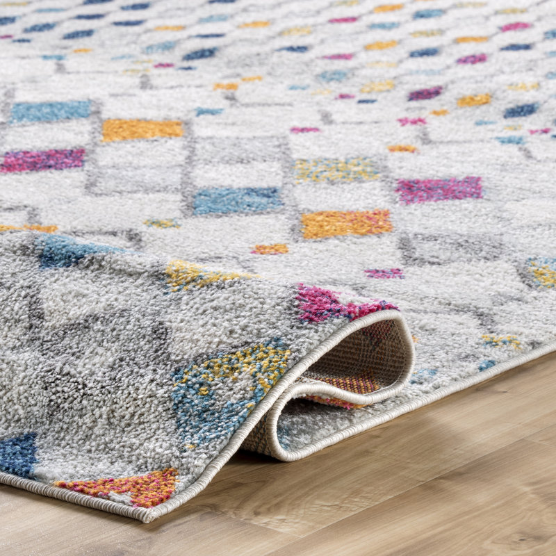 Clair Moroccan Power Loom Performance Ivory, Beige, Gray, Blue, Orange, and Magenta Rug, Square 6'