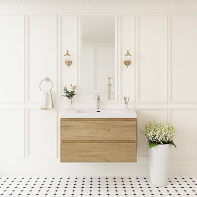 Meuble-lavabo mural de 36 po, conception moderne, lavabo à surface solide, tiroirs à fermeture en douceur, finition chêne naturel, fonctionnel et élégant, assemblage rapide, meuble-lavabo flottant avec lavabo,