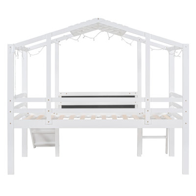 Lit mezzanine simple avec échelle, glissoire, tableau noir et bande lumineuse sur le toit - Lit mezzanine blanc pour enfants, peu encombrant