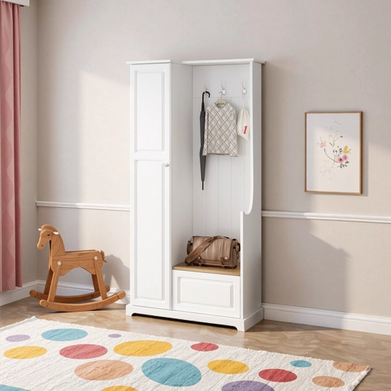 Portemanteau moderne minimaliste avec banc de rangement rabattable, 3 crochets de suspension et tablettes réglables pour vestibule / vestibule, blanc