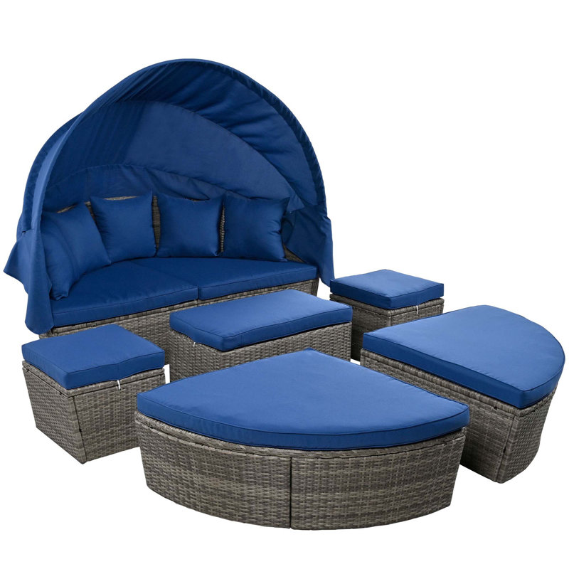 Joscelin 66.1'' Wide Round Wicker Patio Daybed with Cushions, Black/Blue