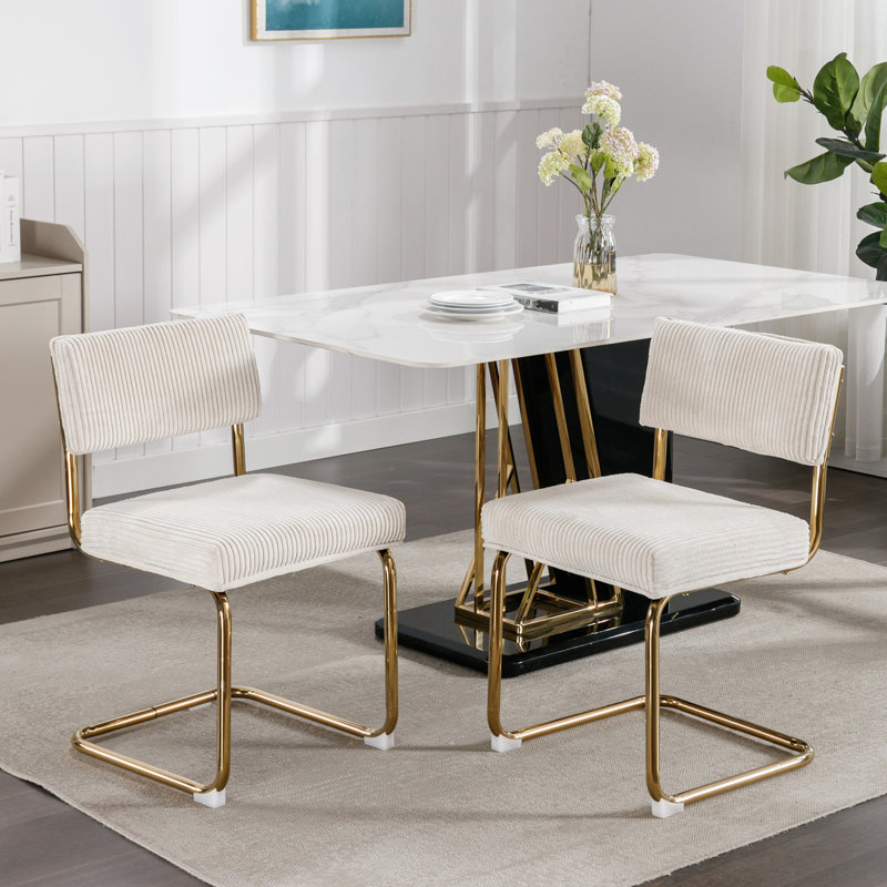 Fauteuil d'appoint moderne sans accoudoirs, 2 pièces, tissu en velours côtelé beige avec base en métal doré, capitonnage rainuré pour la salle à manger, capitonnage de la cuisine, chaises