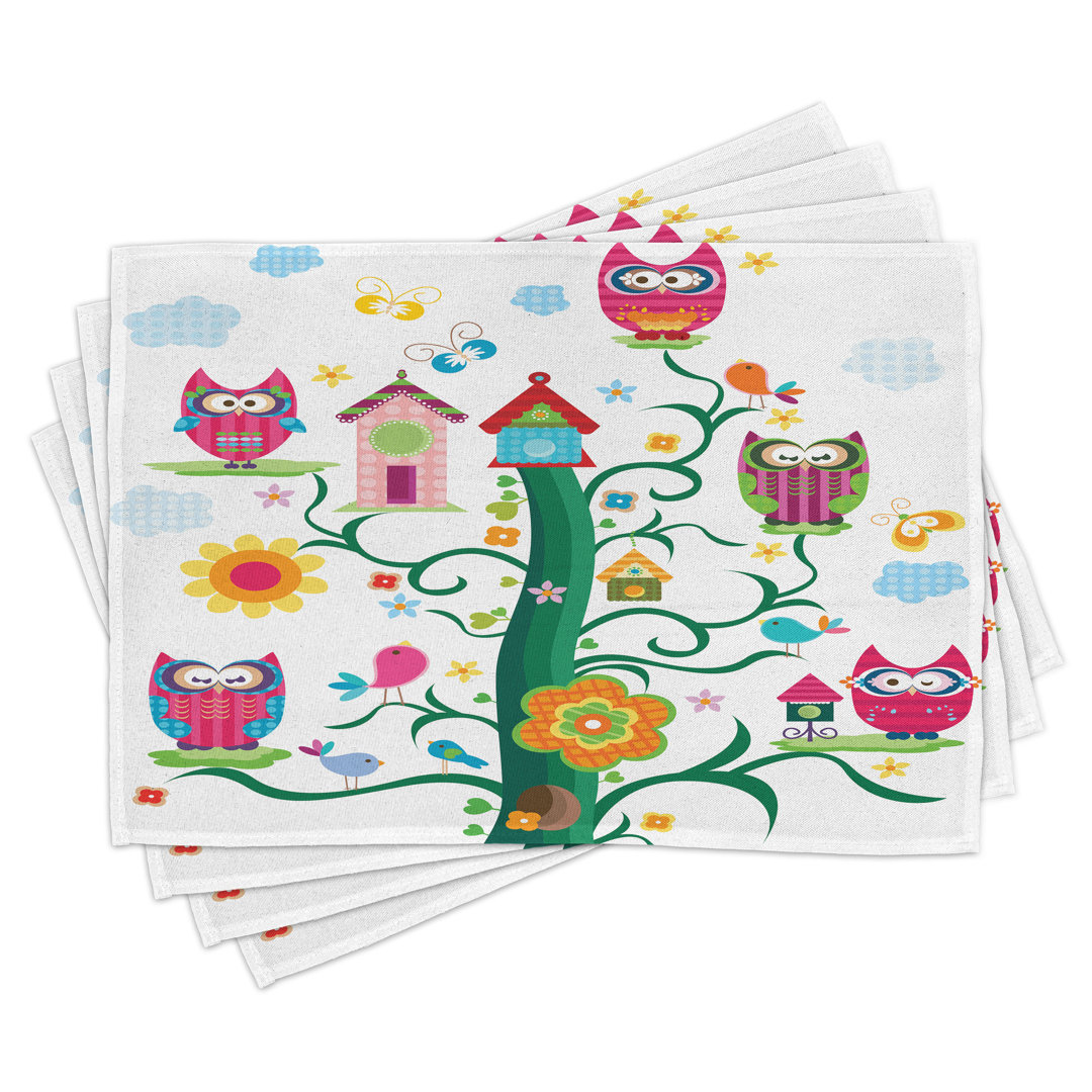 Platzdeckchen 4er Set, Eulen auf Baum mit Punkten, Multicolor