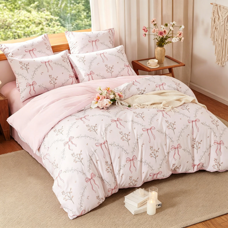 Ensemble d'édredon rose à motif floral Sweet Bow Decor, Édredon simple + 1 taie d'oreiller standard