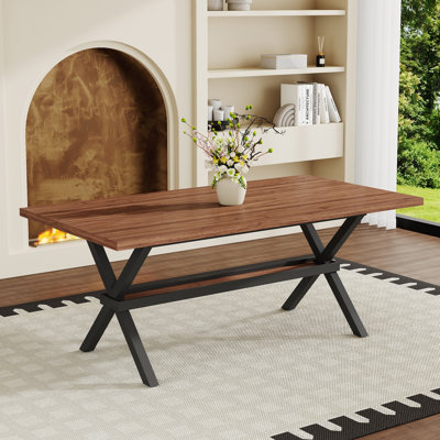71" Modern Industrial Trestle Dining Table for 6-8 with Storage Shelf, Walnut