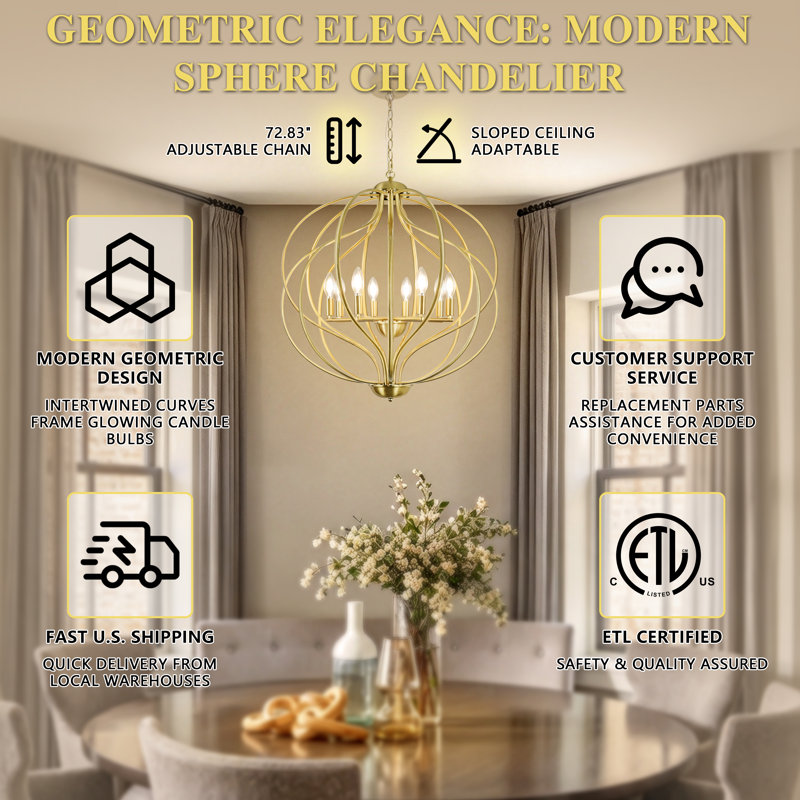 24" 8-Light Dimmable Modern Geometric Chandelier with Adjustable Chain for Dining Room