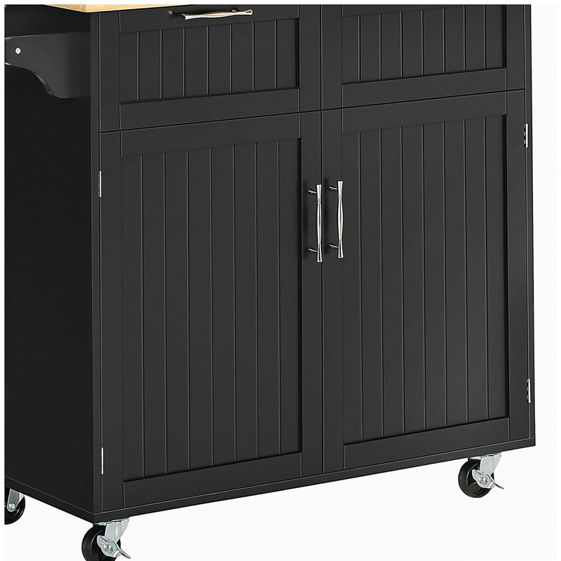 Chariot pour îlot de cuisine pivotant de 41 po, plateau en bois d'hévéa avec tiroirs, chariot de rangement multifonctionnel, noir