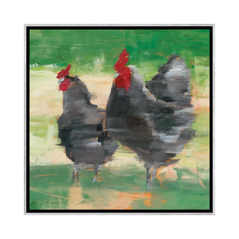 « Black Rooster & Hen II » par Ethan Harper, reproduction d’art, H 37 po x l 37 po x P 1,5 po, Toile avec cadre argenté