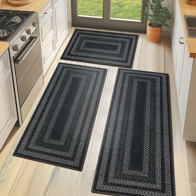 Tapis de cuisine lavable à la machine avec envers antidérapant (ensemble de 3), Grey;Black