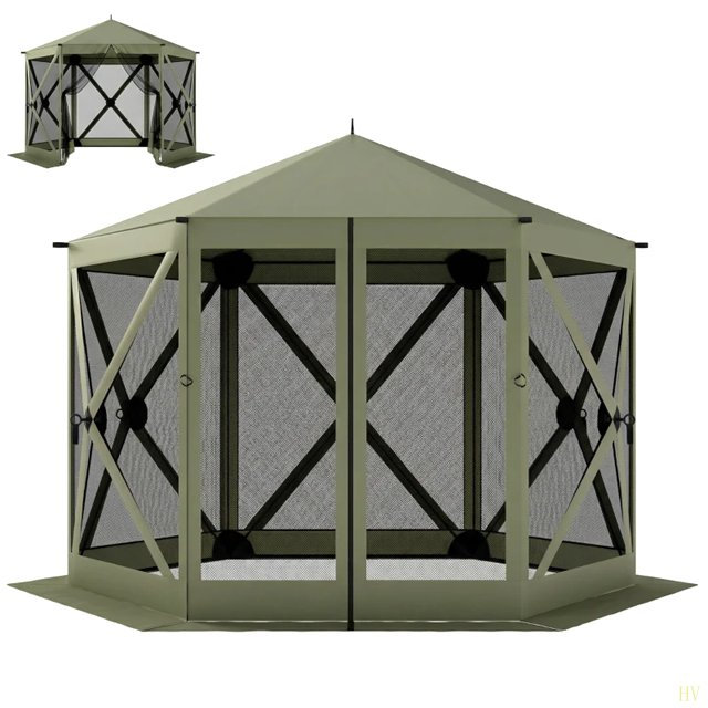 Pavillon de camping spacieux avec moustiquaire de camping et tente d'extérieur pour abri de jardin, Noir / vert foncé