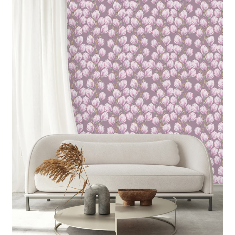 Papier peint rose avec fleurs roses, L 25 po x L 225 po
