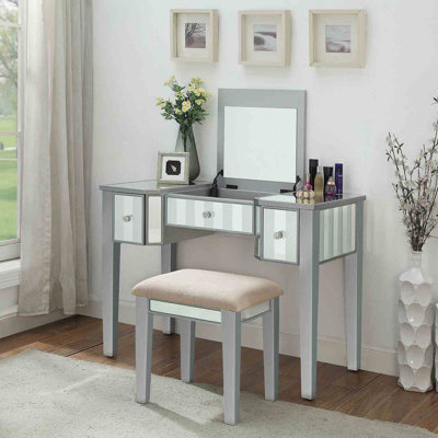 Transitional Style  1pc Vanity w/ Stool Set Core Design Storage Drawers Central Mirror Padded Stool Silver Finish Bedroom Furniture